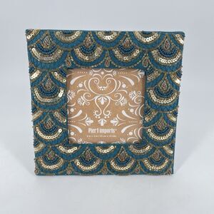 Pier 1 Imports Beaded Sequin Photo Frame 4x4 Teal Gold Boho Square 6.5”